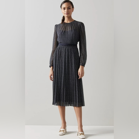 L.K. Bennett Avery Navy And Cream Mini Bow Print Pleated Midi - Picture 1 of 11